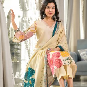 Floral Beige Handcrafted Cotton Kurta Set