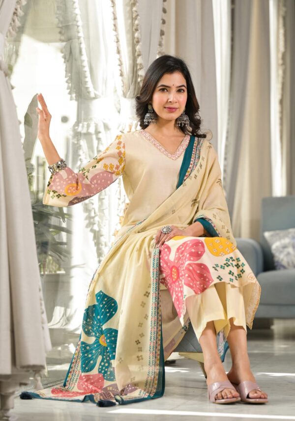 Floral Beige Handcrafted Cotton Kurta Set