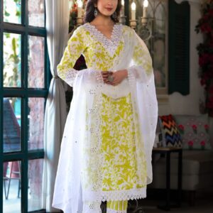 Spring Glow Lime Printed Cotton Kurta Set - Image 2