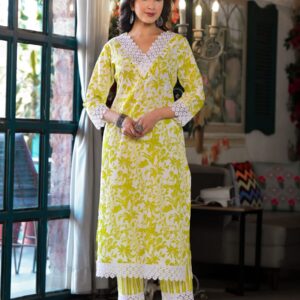 Spring Glow Lime Printed Cotton Kurta Set - Image 3