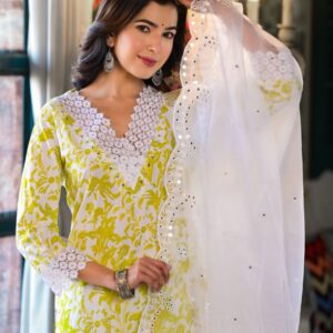 Spring Glow Lime Printed Cotton Kurta Set - Image 7