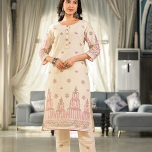 Ivory Off-White Printed Cotton Kurta Set - Image 6