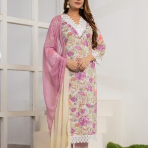 Pastel Floral Printed Cotton Kurta Set - Image 4