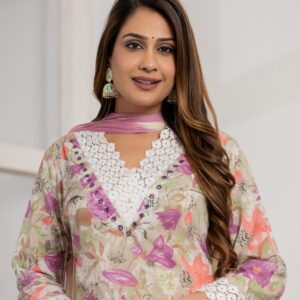 Pastel Floral Printed Cotton Kurta Set - Image 3