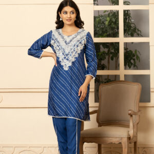 Indigo Bandhani Coord Set with Elegant Lace