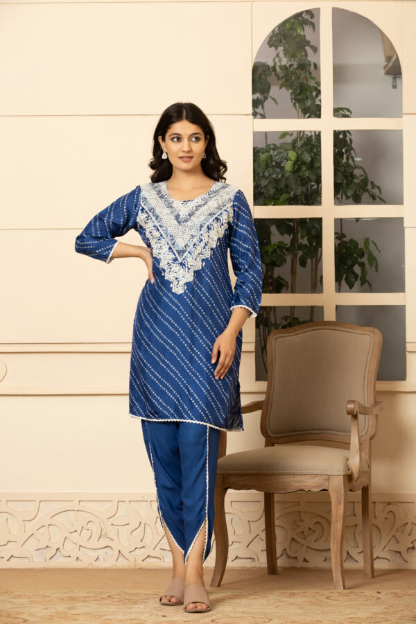 Indigo Bandhani Coord Set with Elegant Lace