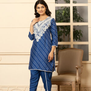 Indigo Bandhani Coord Set with Elegant Lace - Image 2