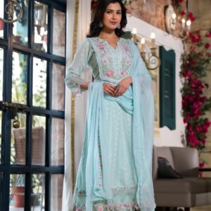 Aqua Embroidered Dobby Cotton Anarkali Suit