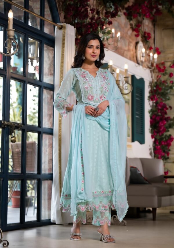 Aqua Embroidered Dobby Cotton Anarkali Suit