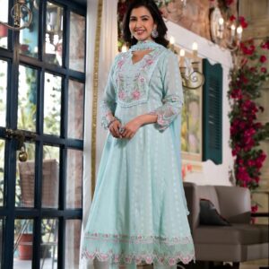 Aqua Embroidered Dobby Cotton Anarkali Suit - Image 4