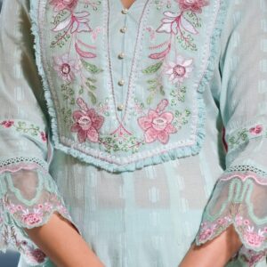 Aqua Embroidered Dobby Cotton Anarkali Suit - Image 3