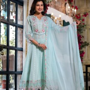Aqua Embroidered Dobby Cotton Anarkali Suit - Image 2