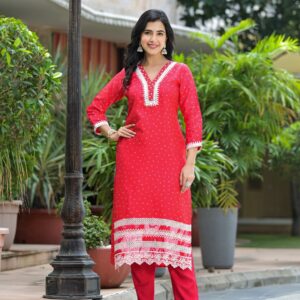 Crimson Bandhani Embroidered Kurta Set - Image 8