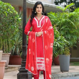 Crimson Bandhani Embroidered Kurta Set - Image 7