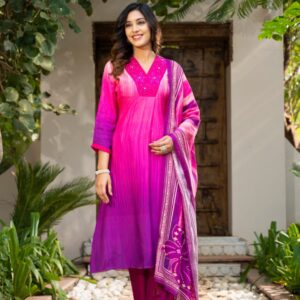 Fuchsia Ombre Embroidered Kurta Set