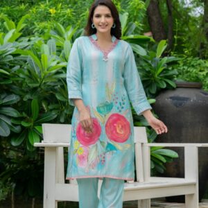 Aqua Bloom Hand-Painted Kurta Set