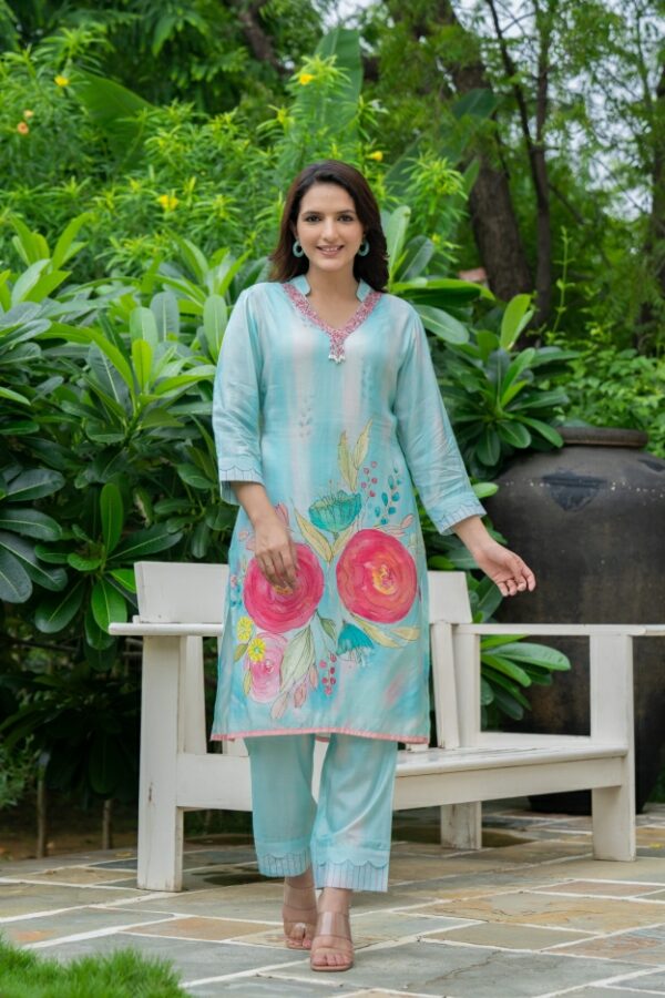 Aqua Bloom Hand-Painted Kurta Set