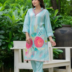 Aqua Bloom Hand-Painted Kurta Set - Image 6