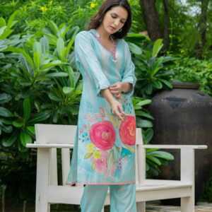 Aqua Bloom Hand-Painted Kurta Set - Image 5