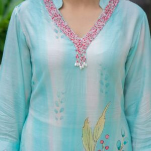 Aqua Bloom Hand-Painted Kurta Set - Image 2
